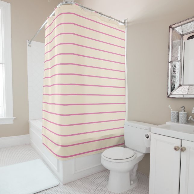 Pink and Ivory Stripes Geometric Pattern Shower Curtain (In Situ)