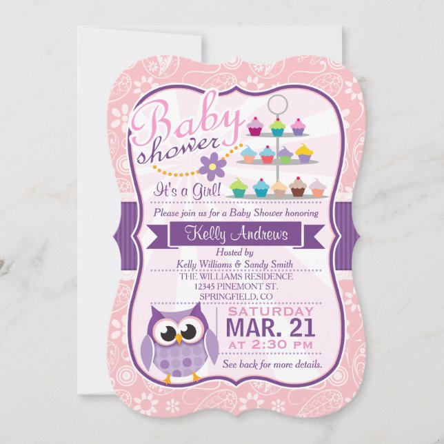 Pink and Lavender Purple; Owl Baby Shower Invitation (Front)