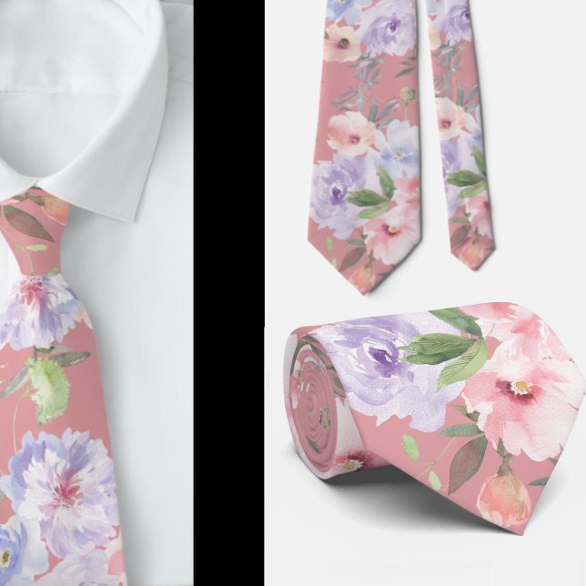 Pink and Lavender Purple Roses Floral Neck Tie (Creator Uploaded)