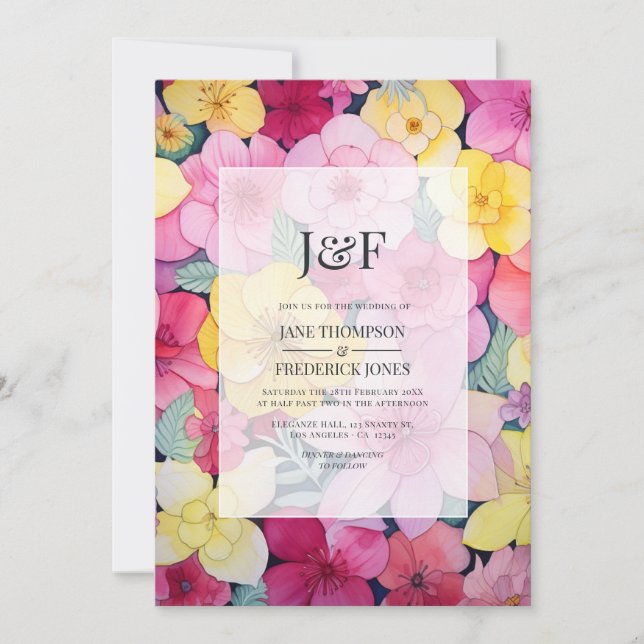 Pink and Lemon Floral Wedding Monogram Invitation (Front)