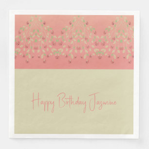Pink And Light Beige Berry Accented Floral Napkin