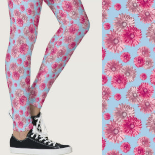 Pink and light blue gerbera daisy floral Patterned Leggings