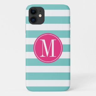 Pink and Light Blue Stripes Custom Monogram iPhone 11 Case