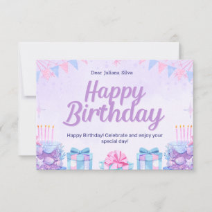Pink and Light Blue Watercolor Birthday Card