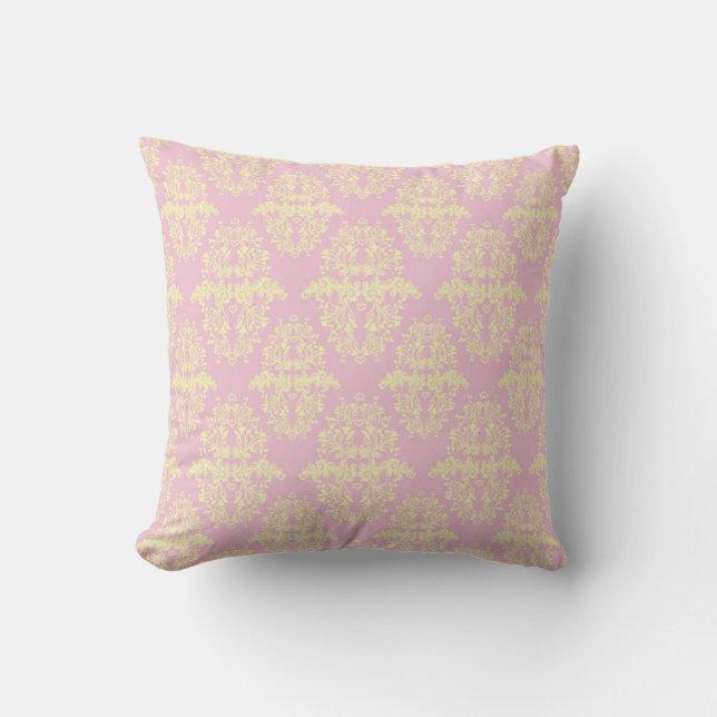 Pink and Light Yellow Damask Pattern Cushion (Front)