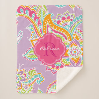 Pink and Lilac Boho Paisley Monogrammed Sherpa Blanket