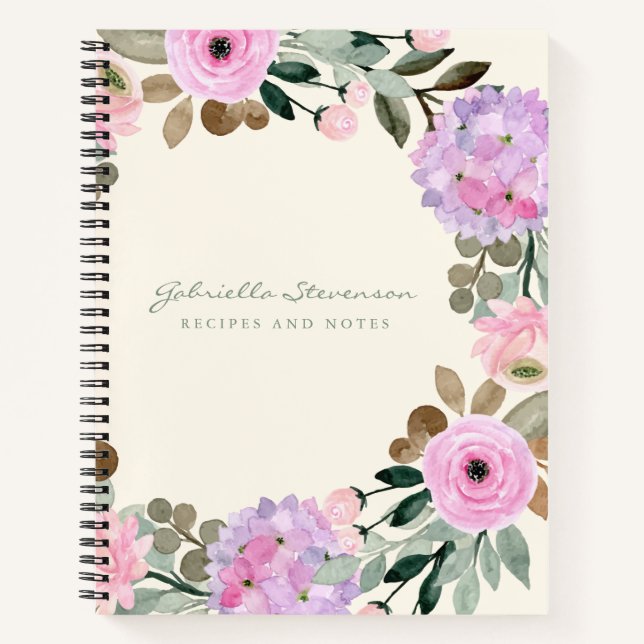 Pink and Lilac Floral Wreath Personalised Recipe Notebook (Front)