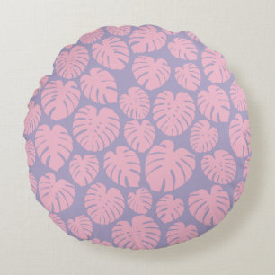 Pink and Lilac Monstera Leaves Round Cushion