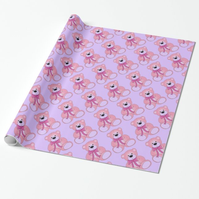 Pink and Lilac Teddy Bear Pattern Wrapping Paper (Unrolled)