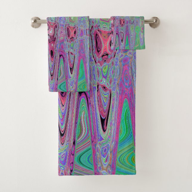 Pink and Lime Green Groovy Abstract Atomic Waves Bath Towel Set (Insitu)
