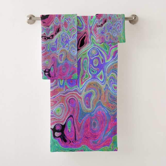 Pink and Lime Green Groovy Abstract Retro Swirl Bath Towel Set (Insitu)