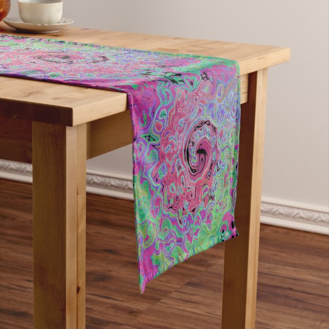 Pink and Lime Green Groovy Abstract Retro Swirl Long Table Runner (In Situ)