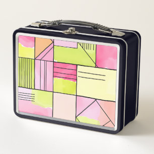 Pink and Lime-Green Patchwork Abstract Metal Lunch Box