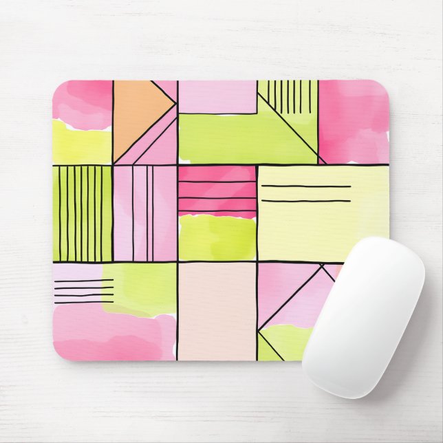 Pink and Lime-Green Patchwork Abstract Mouse Pad (With Mouse)