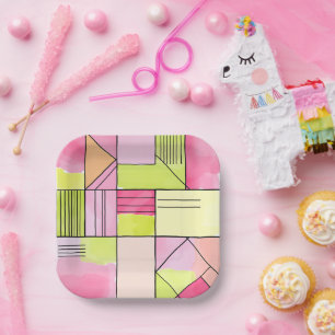 Pink and Lime-Green Patchwork Abstract Paper Plate
