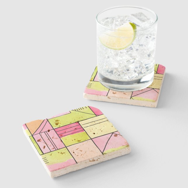 Pink and Lime-Green Patchwork Abstract Stone Coaster (Side)
