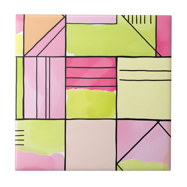 Pink and Lime-Green Patchwork Abstract Tile (Front)