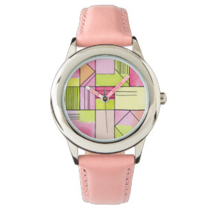 Pink and Lime-Green Patchwork Abstract Watch
