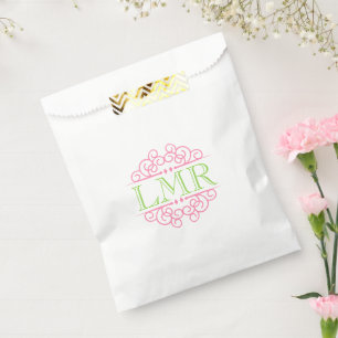 Pink and Lime Green Swirls Frame Monogram Favour Bags