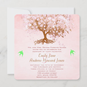 Pink and Lime Heart Leaf Tree Wedding Invitations