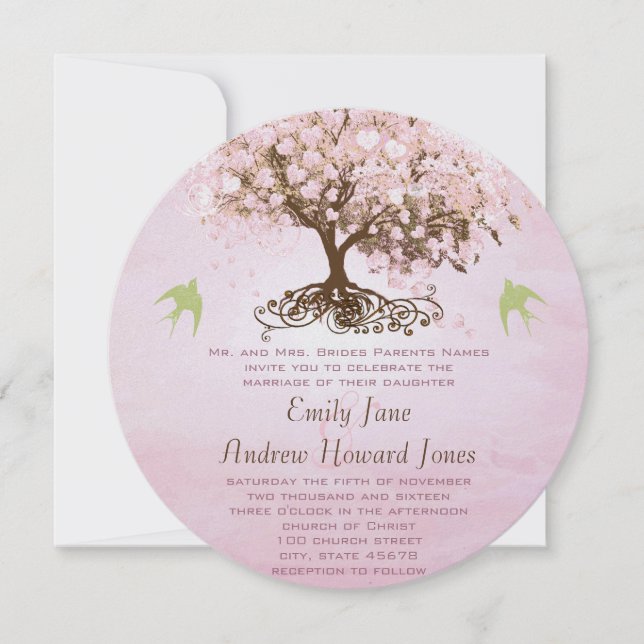 Pink and Lime Heart Leaf Tree Wedding Invitations (Front)