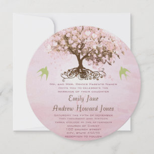 Pink and Lime Heart Leaf Tree Wedding Invitations