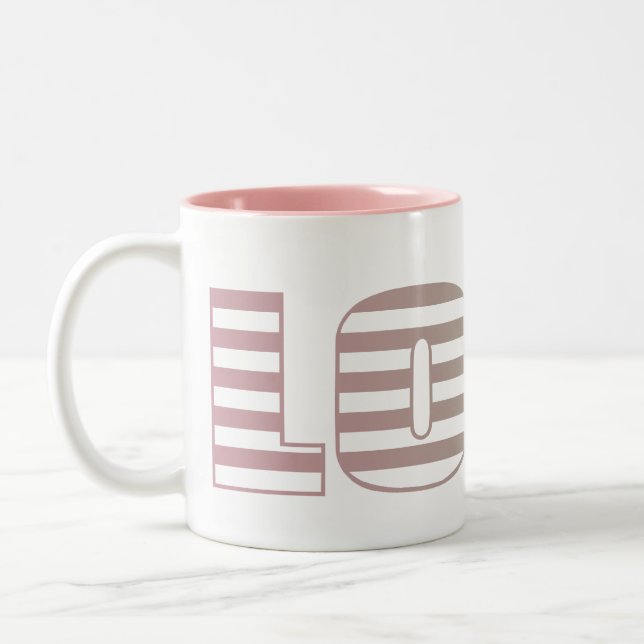 Pink and Lime Love Stripes Two-Tone Coffee Mug (Left)