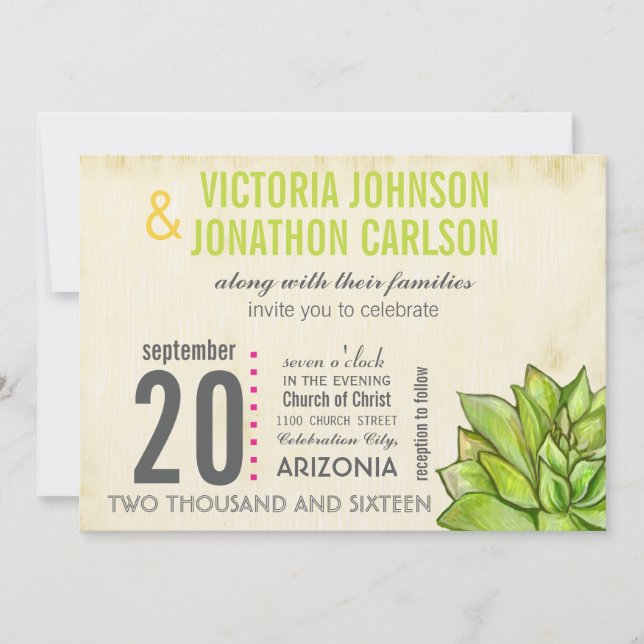 Pink and Lime Succulent Modern Typography Wedding Invitation (Front)