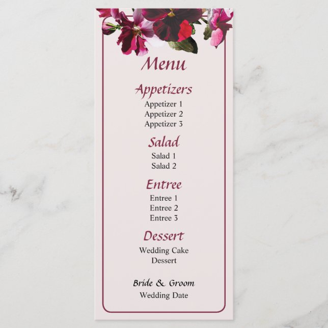 Pink and Magenta Pansies Wedding Menu (Front)
