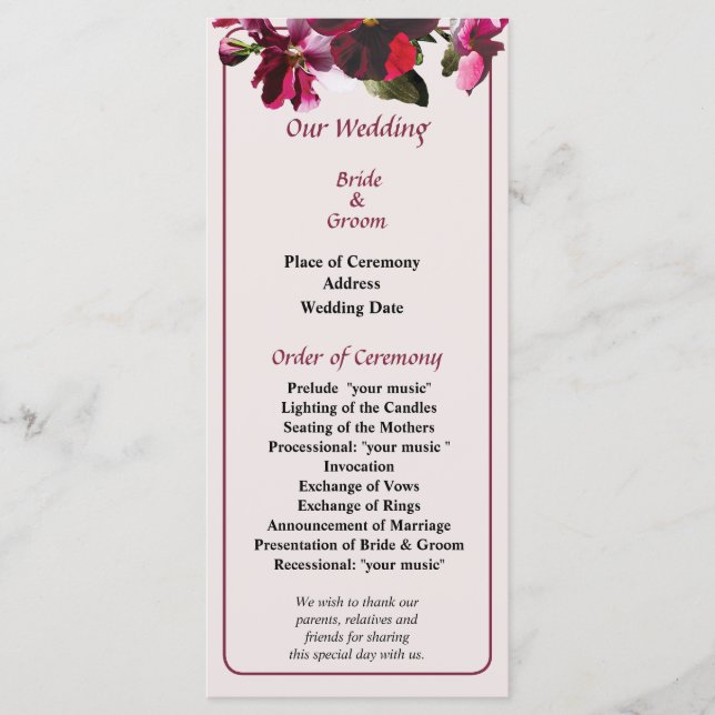 Pink and Magenta Pansies Wedding Program Programme (Front)