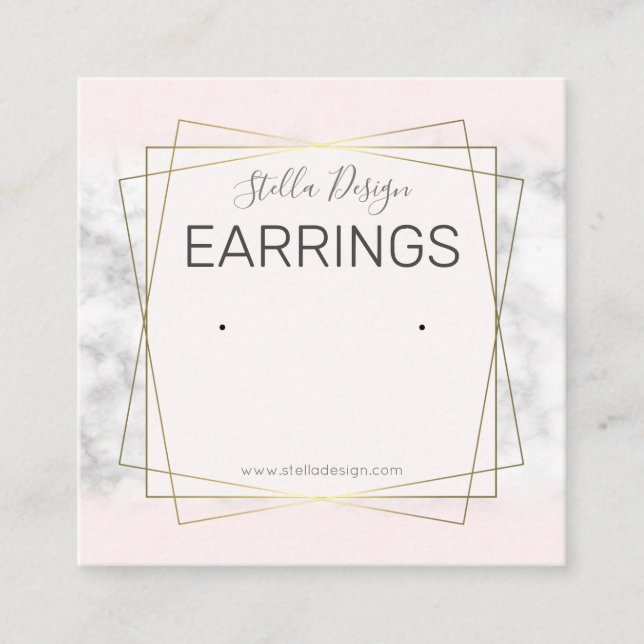 Pink And Marble Gold Earrings Display Packaging Square Business Card (Front)