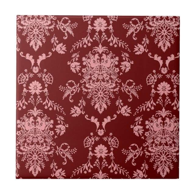 Pink and Maroon Damask Ceramic Tile (Front)