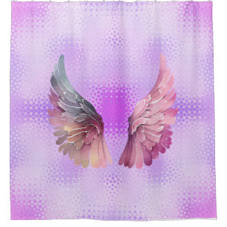 Pink and Mauve Angel Wings in a mauve background Shower Curtain