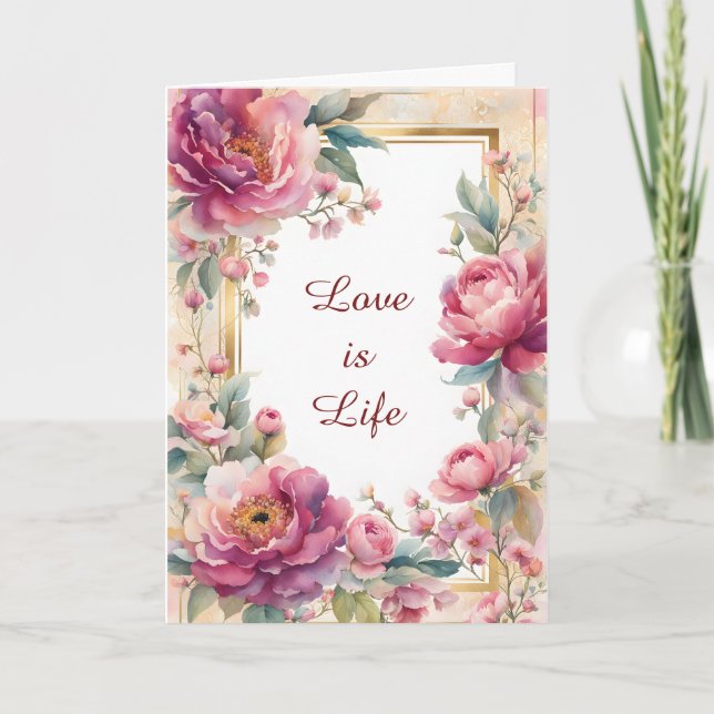 Pink and Mauve Roses Gold Frame Valentine Holiday Card (Front)