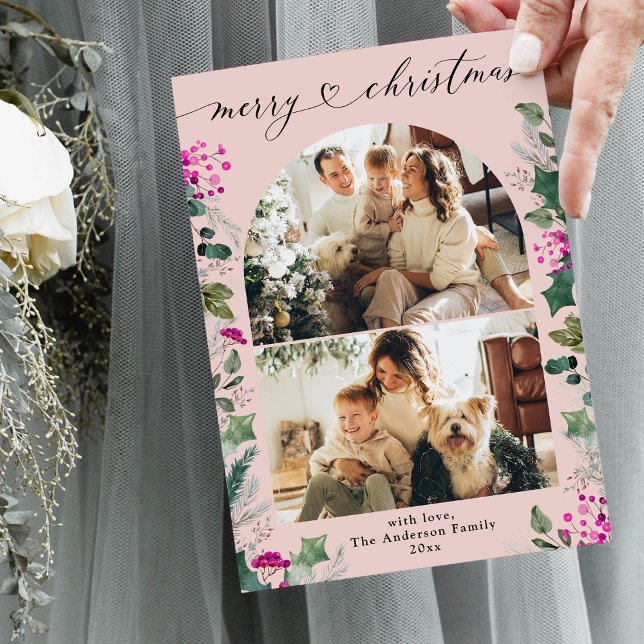 Pink and Merry 2 Photo Christmas Card  (Creator Uploaded)