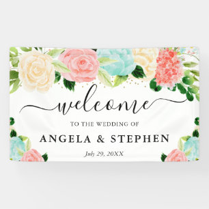Pink and Mint Boho Flowers Wedding Welcome Banner