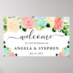 Pink and Mint Boho Flowers Wedding Welcome Poster