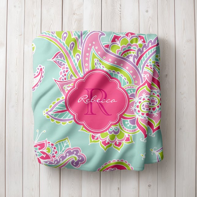 Pink and Mint Boho Paisley Monogrammed Fleece Blanket (Creator Uploaded)