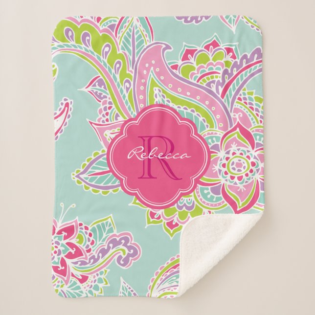 Pink and Mint Boho Paisley Monogrammed Sherpa Blanket (Front)