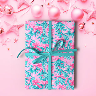 Pink and Mint Christmas Boughs and Ornaments  Wrapping Paper
