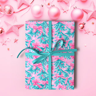 Pink and Mint Christmas Boughs and Ornaments Wrapping Paper