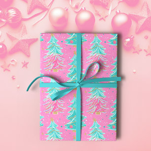 Pink and Mint Christmas Gift Trees  Wrapping Paper