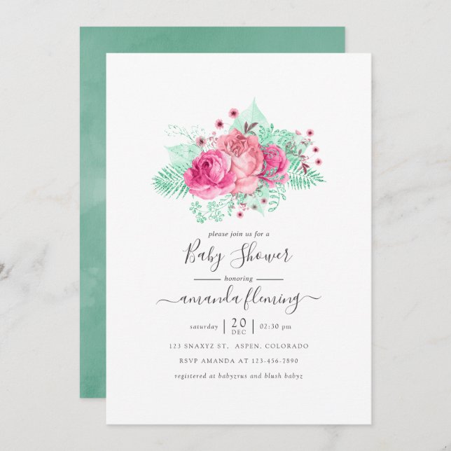 Pink and Mint Floral Baby Shower Invitation (Front/Back)