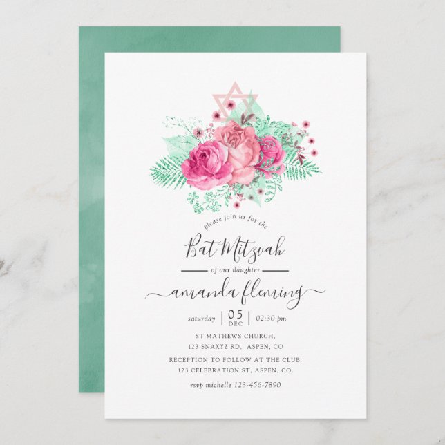 Pink and Mint Floral Bat Mitzvah Invitation (Front/Back)