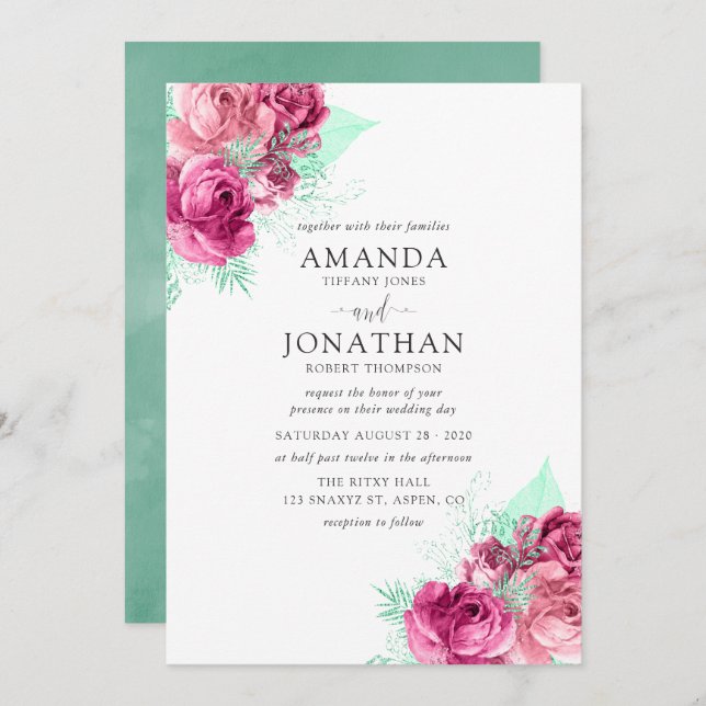 Pink and Mint Floral Wedding invitation (Front/Back)