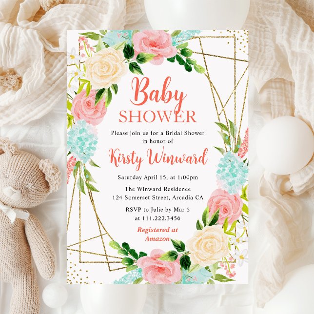 Pink and Mint Flowers Frame Baby Shower Invitation (Creator Uploaded)