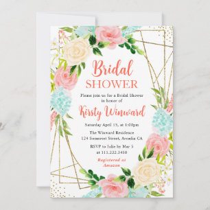 Pink and Mint Flowers Gold Frame Bridal Shower Invitation