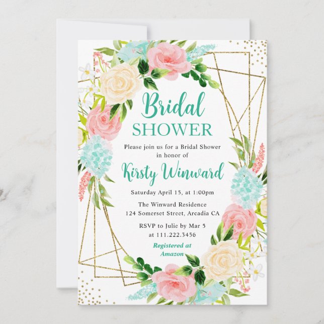 Pink and Mint Flowers Gold Frame Bridal Shower Invitation (Front)