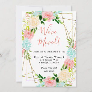 Pink and Mint Flowers Gold Frame We've Moved Announcement