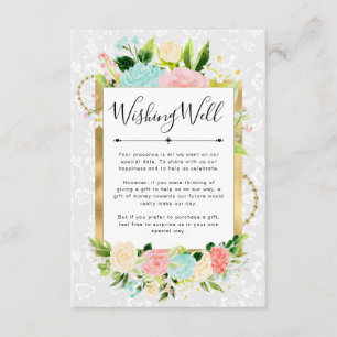 Pink and Mint Flowers Gold Wedding Wishing Well Enclosure Card